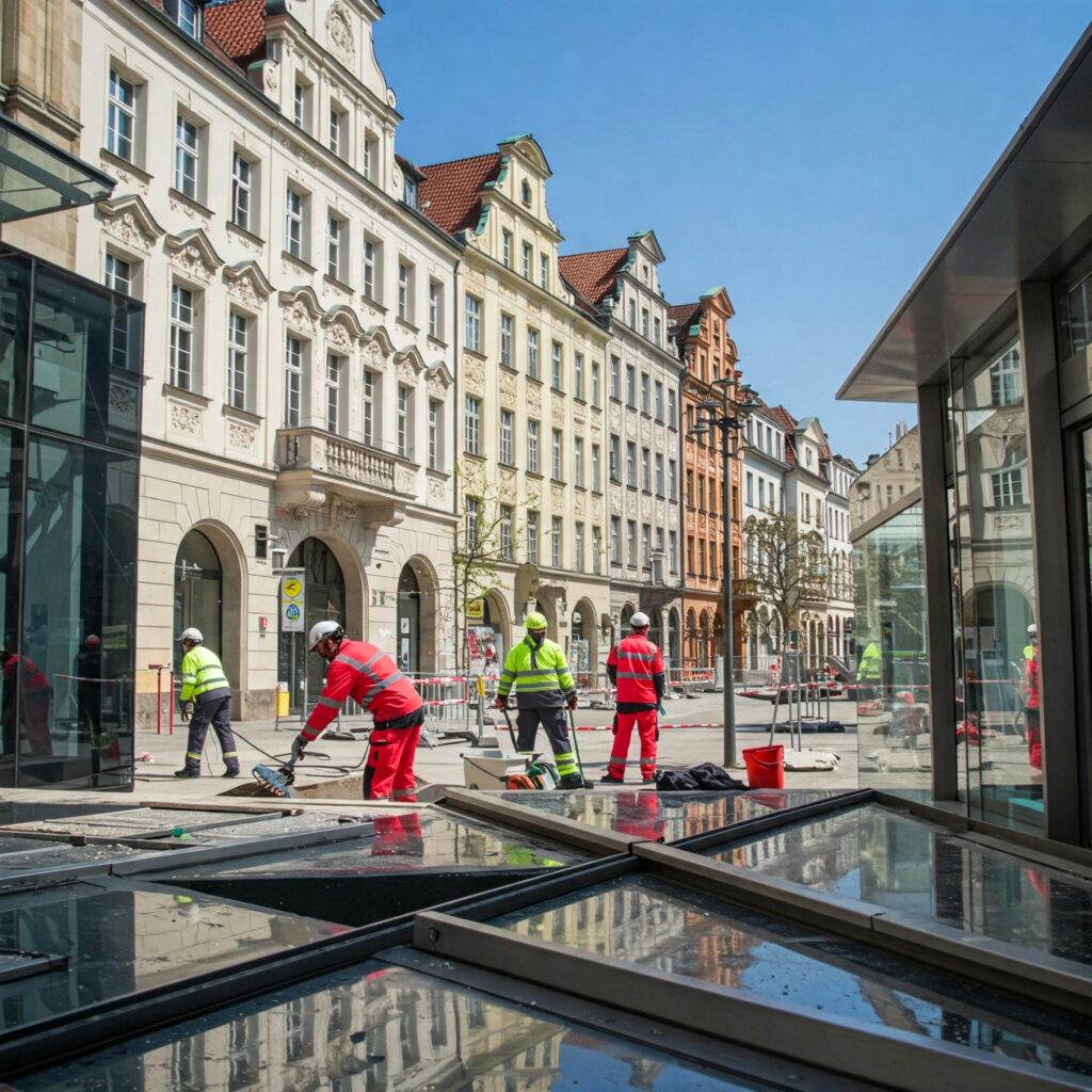 Reinigungsteam bei der gründlichen Baureinigung einer Berliner Baustelle, entfernt Bauschutt und säubert große Fenster vor Altbaufassaden.