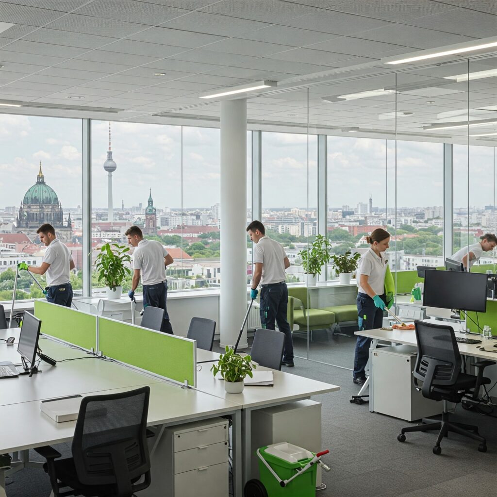 Reinigungskräfte bei der Büroreinigung in einem modernen Berliner Großraumbüro mit Blick auf den Fernsehturm.