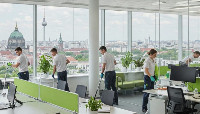 Reinigungskräfte bei der Büroreinigung in einem modernen Berliner Großraumbüro mit Blick auf den Fernsehturm.