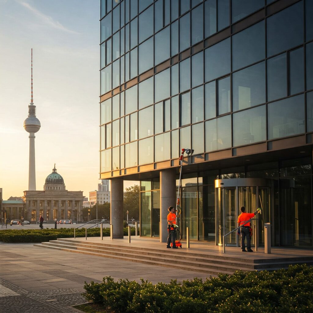 Reinigungskräfte bei der Gebäudereinigung eines modernen Berliner Gebäudes mit Glasfassade und Berliner Wahrzeichen im Hintergrund.