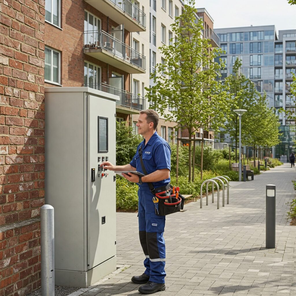 Hausmeister bei Kontrollgang und Wartung der Haustechnik in einem Berliner Wohn- und Gewerbekomplex mit gepflegten Außenanlagen.