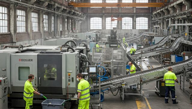 Industriereiniger bei der Reinigung von Maschinen und Böden in einer Berliner Produktionshalle mit moderner Technik.