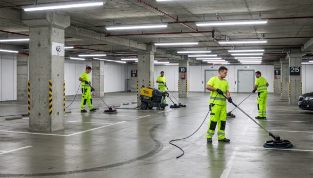 Reinigungsteam bei der professionellen Tiefgaragenreinigung in Berlin, entfernt Ölspuren und reinigt Böden und Wände.