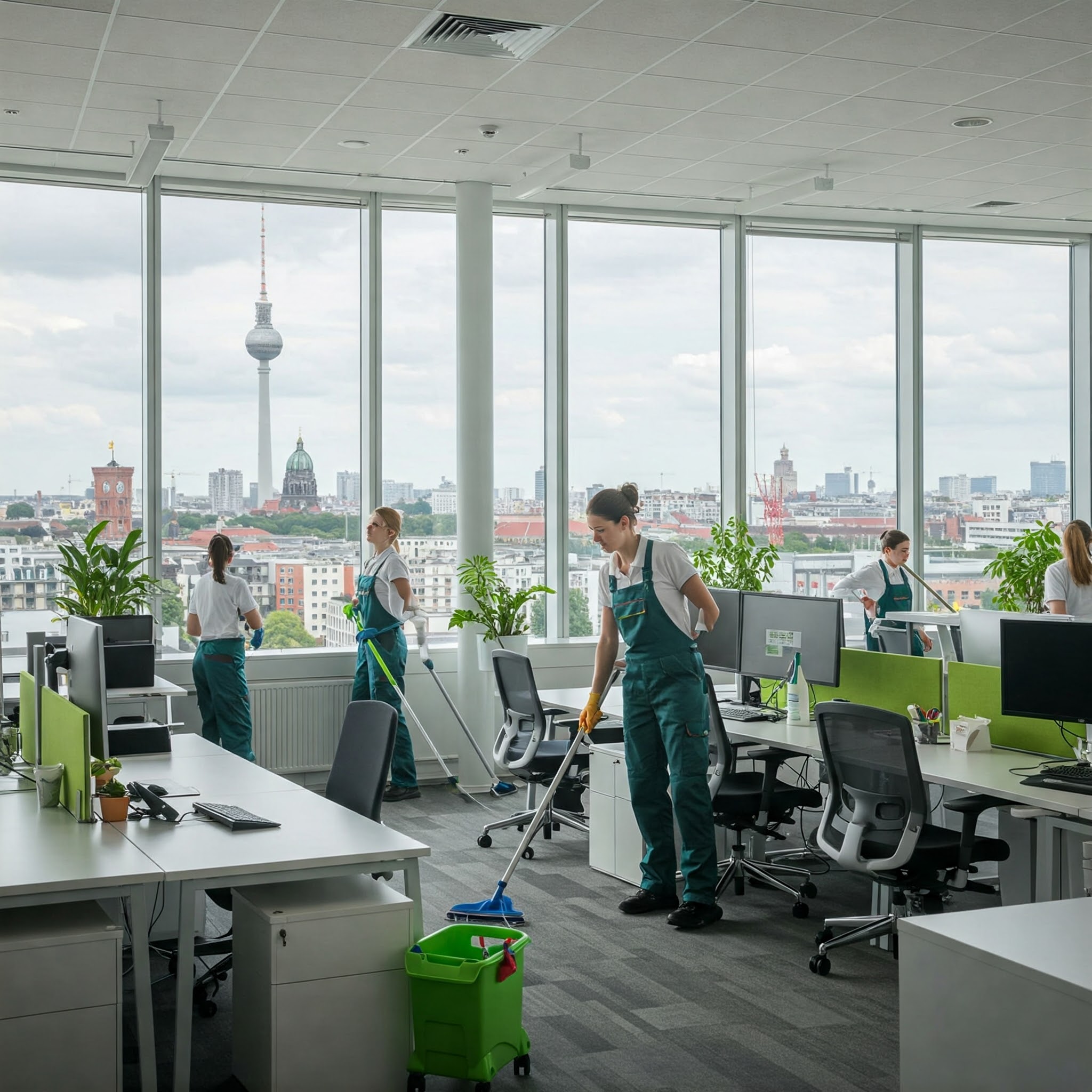 Reinigungsteam bei der Unterhaltsreinigung in einem modernen Berliner Büro mit Blick auf den Fernsehturm.