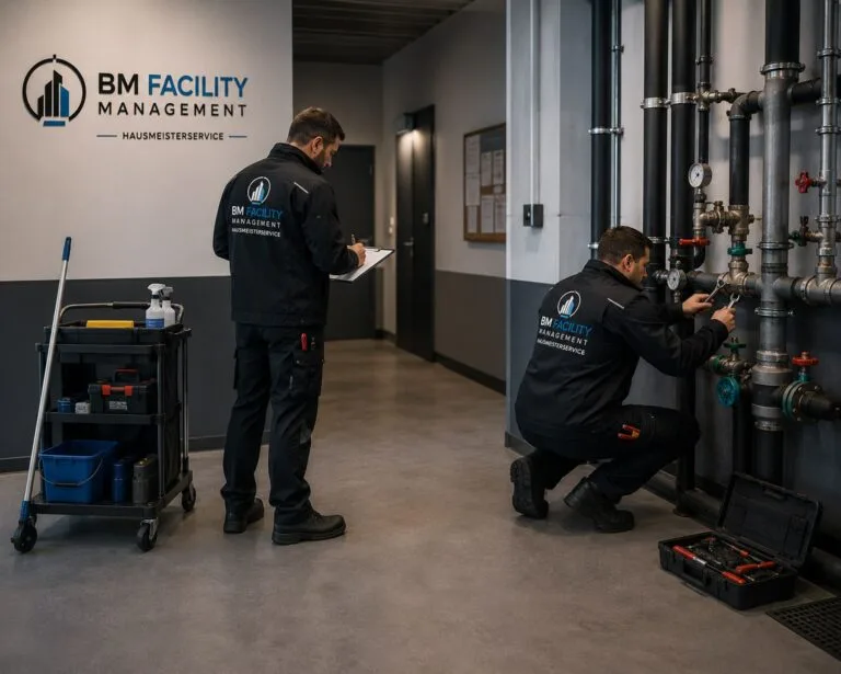 Zwei Techniker überprüfen Leitungen und Anlagen in einem Gebäudetechnikraum